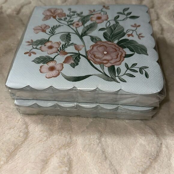 OCS Pastel Blue Coral Green Floral Scalloped Square Lunch Napkins 40 pk x 2 - Picture 3 of 6